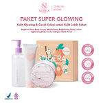 Noera Paket Super Glowing | Collagen Drink Improved Formula + Moisturizing Brightening Body Lotion + Lightening Body Scrub + Bright & Glow Body Serum