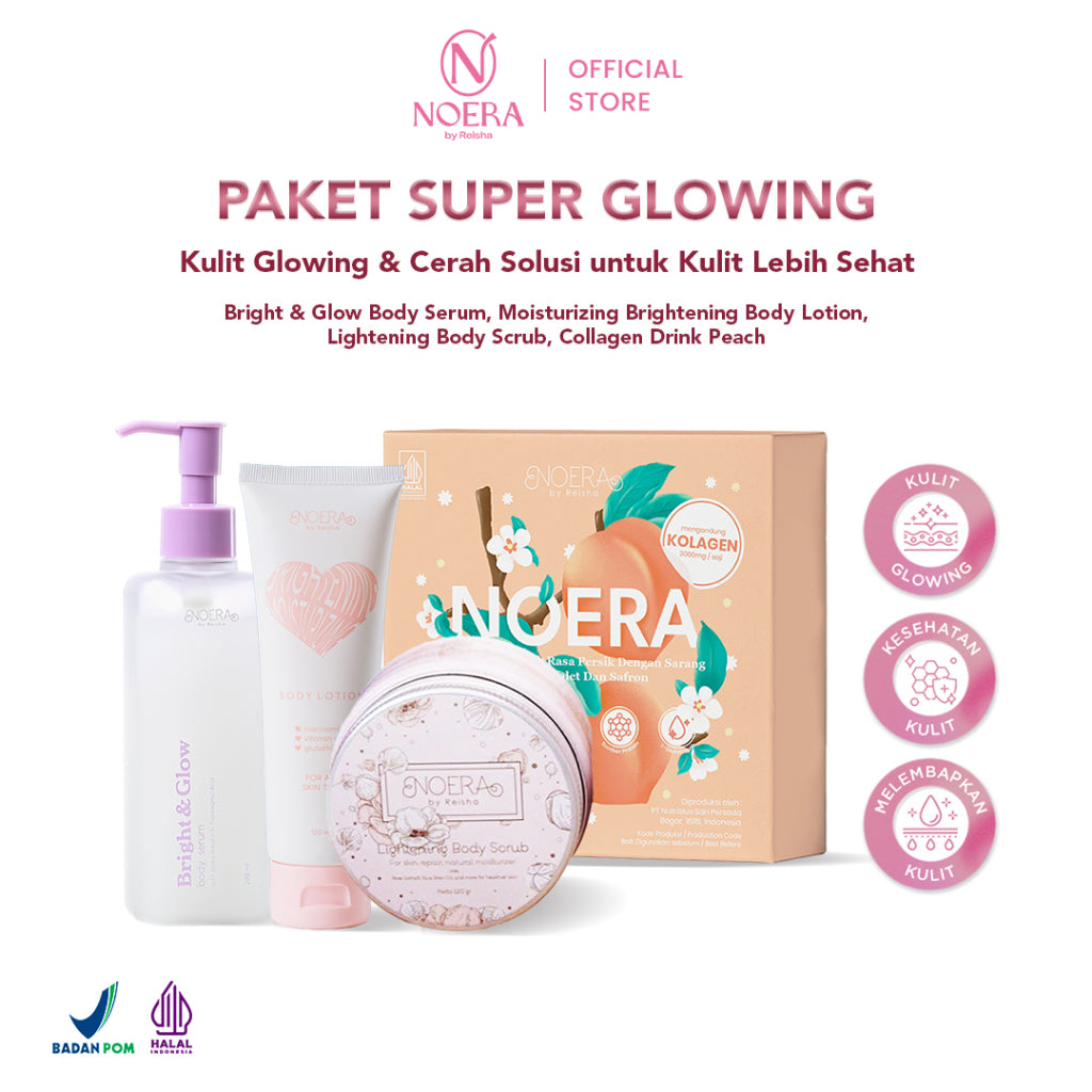 Noera Paket Super Glowing | Collagen Drink Improved Formula + Moisturizing Brightening Body Lotion + Lightening Body Scrub + Bright & Glow Body Serum