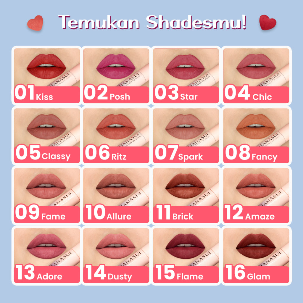 Hanasui Mattedorable Lip Cream - Velvet Matte Finish Melembabkan Ringan Tahan Lama Pigmented Olive Oil Vitamin E