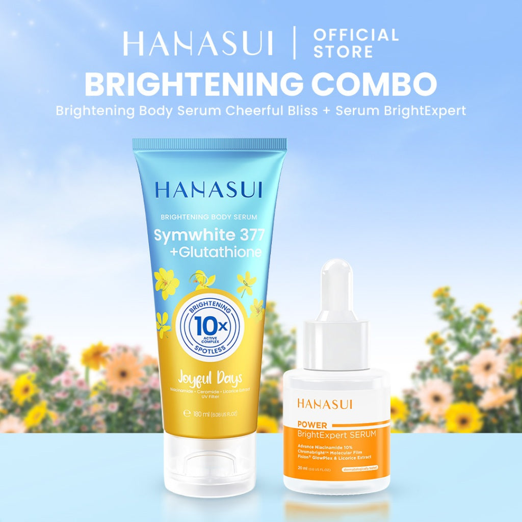 Hanasui Brightening & Protection Combo - Brigthening Body Serum Sunscreen SPF 50 Power Bright Expert Serum Mencerahkan Menenangkan dan Menghidrasi Kulit dengan kandungan Niacinamide Symwhite377 dan Vitamin E