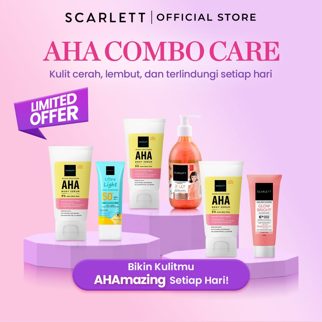 Scarlett AHA Combo Care - Bundle AHA Body Serum (Shower Gel, Ultra Light Daily Sunscreen, Aqua Gel Moisturizer) Untuk Kulit cerah, lembut, dan terlindungi setiap hari