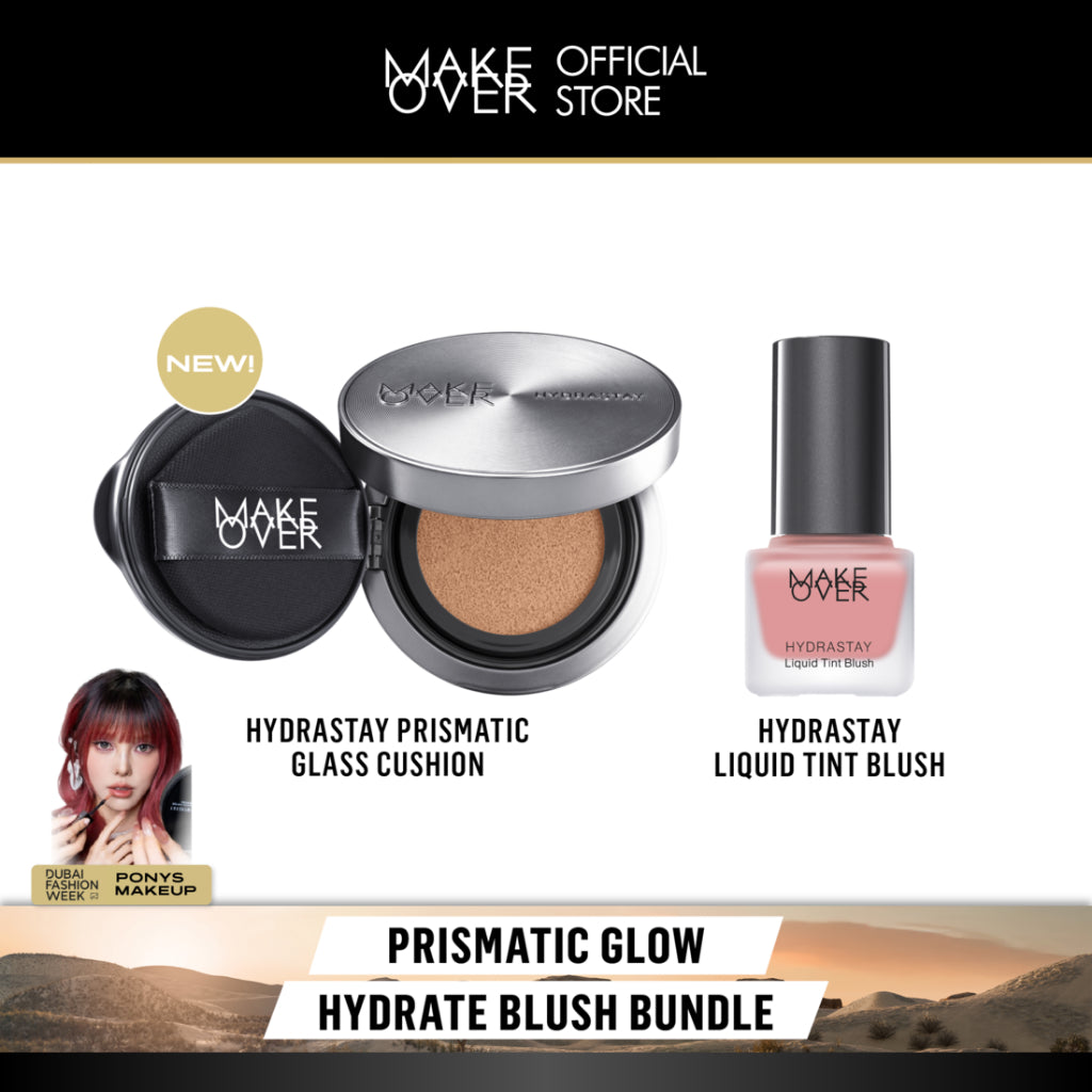 MAKE OVER Prismatic Glow Hydrate Blush Bundle: Hydrastay Prismatic Glass Cushion + Hydrastay Liquid Tint Blush - Paket Cushion Glow Blush On Tahan Lama Flawless Baru CreamBlush