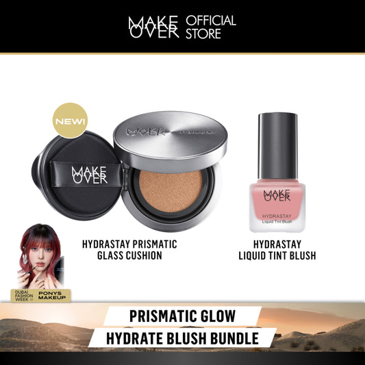MAKE OVER Prismatic Glow Hydrate Blush Bundle: Hydrastay Prismatic Glass Cushion + Hydrastay Liquid Tint Blush - Paket Cushion Glow Blush On Tahan Lama Flawless Baru CreamBlush