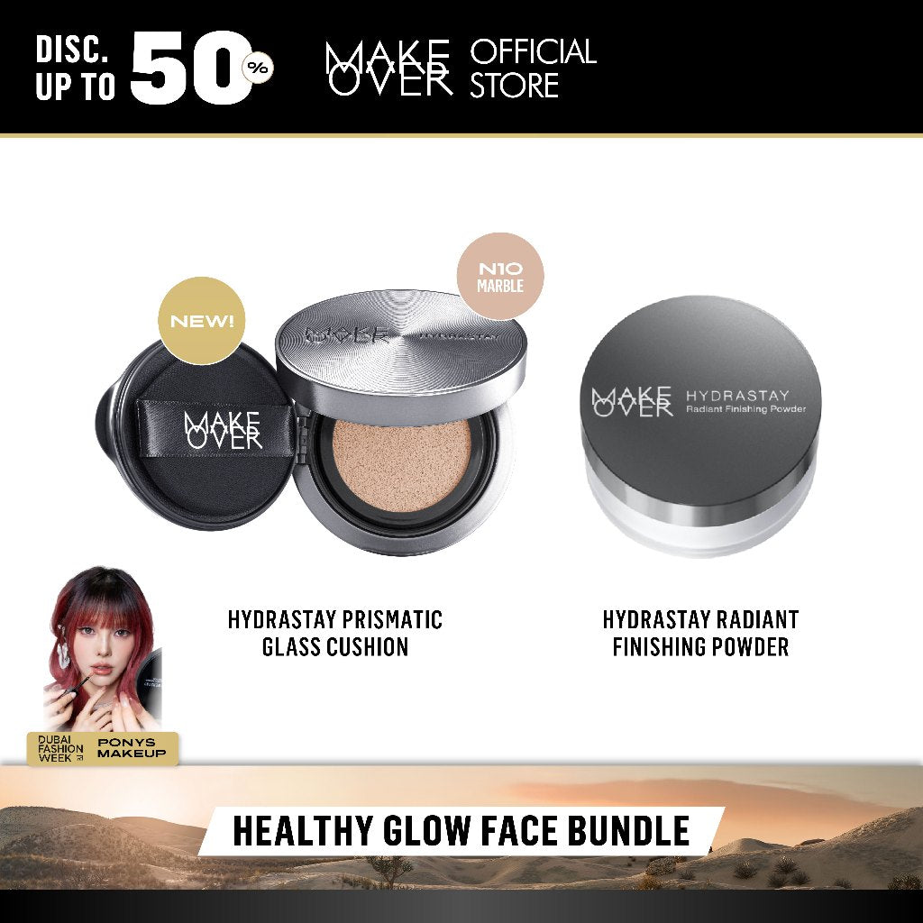 MAKE OVER Healthy Glow Face Bundle: Hydrastay Prismatic Glass Cushion + Hydrastay Radiant Finishing Powder - Paket Complexion Glow Face Makeup Flawless Tahan Lama Matte Powder Foundation Concealer Make Up Wajah