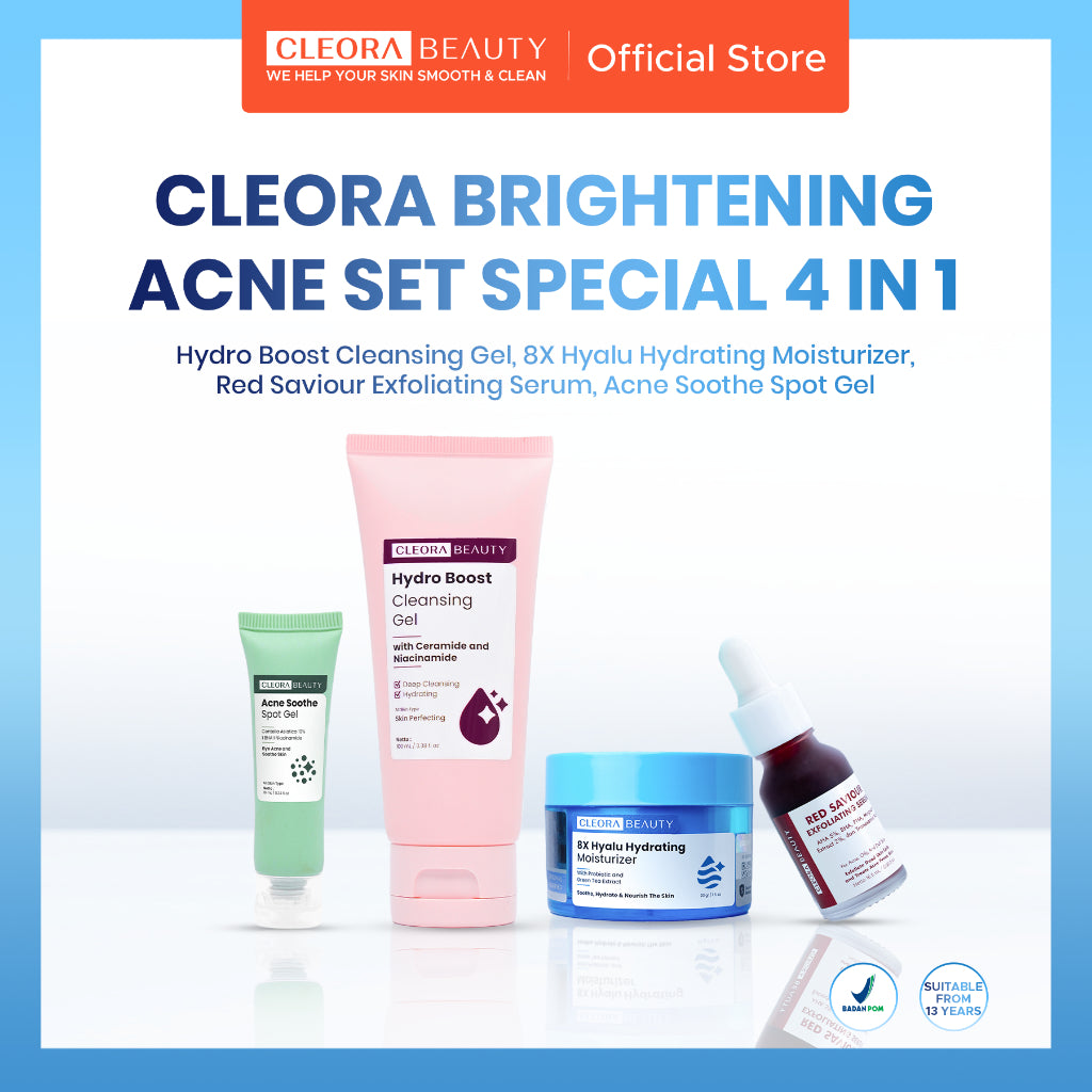 Cleora Brightening Acne Care Set Special 4in1 - Paket Skincare Wanita Pria Sabun Cuci Muka, Serum Eksfoliasi, Moisturizer Gel, Obat Totol Jerawat dan Bekasnya, Mencerahkan Wajah & Perbaiki Skin Barrier