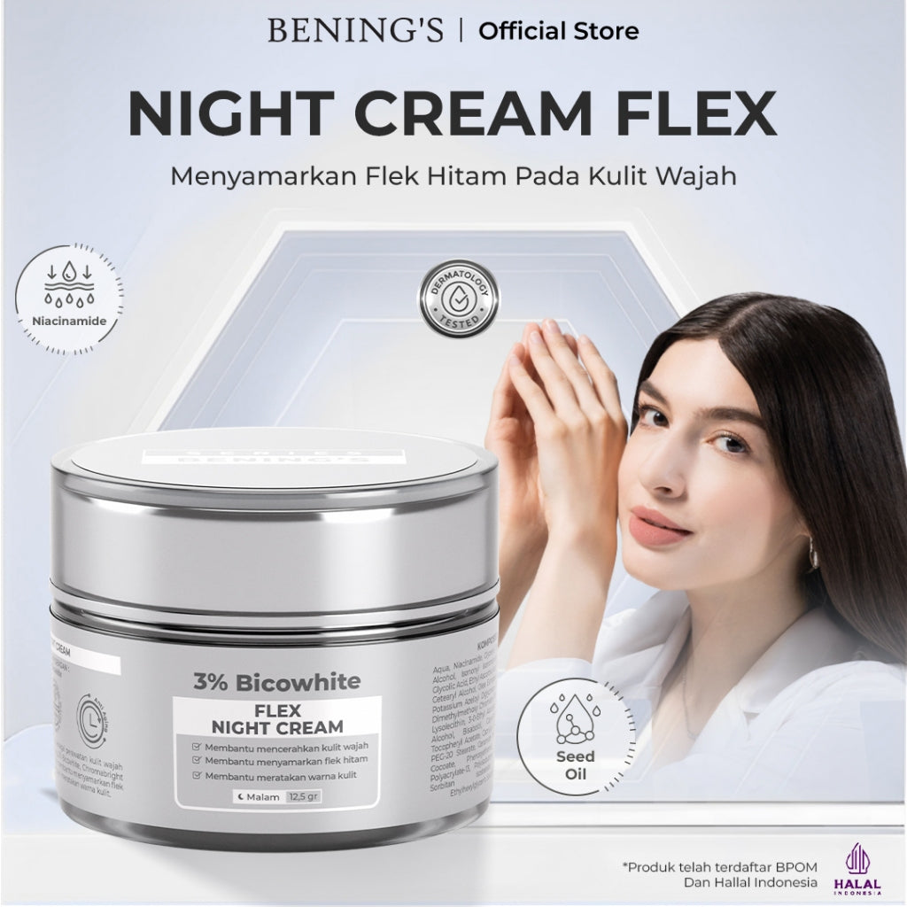 Benings Skincare Official Krim Malam Exclusive Flex New Formula Menghilangkan Flek Hitam Mencerahkan