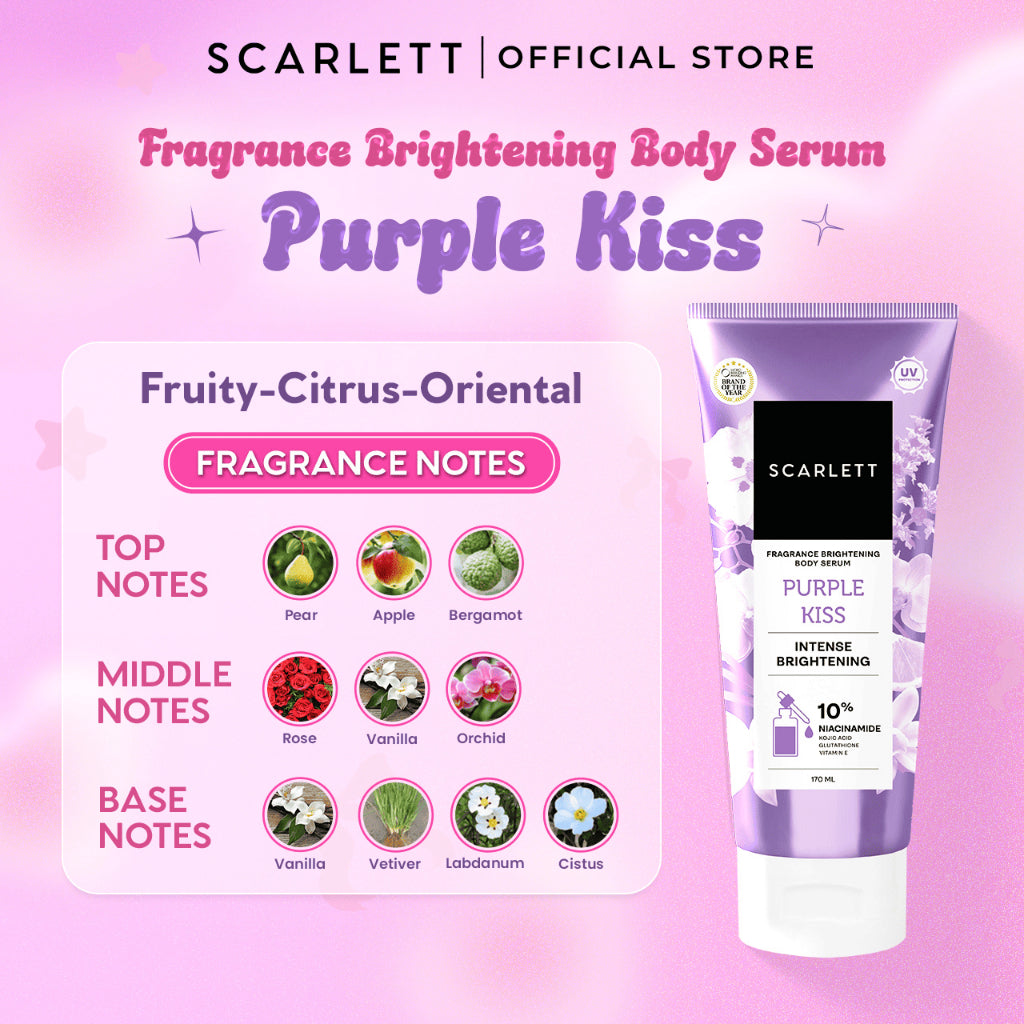 SCARLETT 10% NIACINAMIDE Fragrance Brightening Body Serum 170ml - Velvet Rouge & Purple Kiss | Intence Mencerahkan Melembabkan Meratakan Warna Kulit, Kulit Cerah Lembab Sehat dan Wangi Mewah Seharian | Solusi untuk Kulit Belang