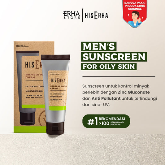 HisErha Intense Oil Control Cream 20g – Suncreen Pelembab Wajah Pria Untuk Kulit Berminyak, Matte Finish, SPF30/PA+++, Terlindung dari Sinar UV, Verified by Dermatologist, Willow Bark Extract, Moisturizing Agent