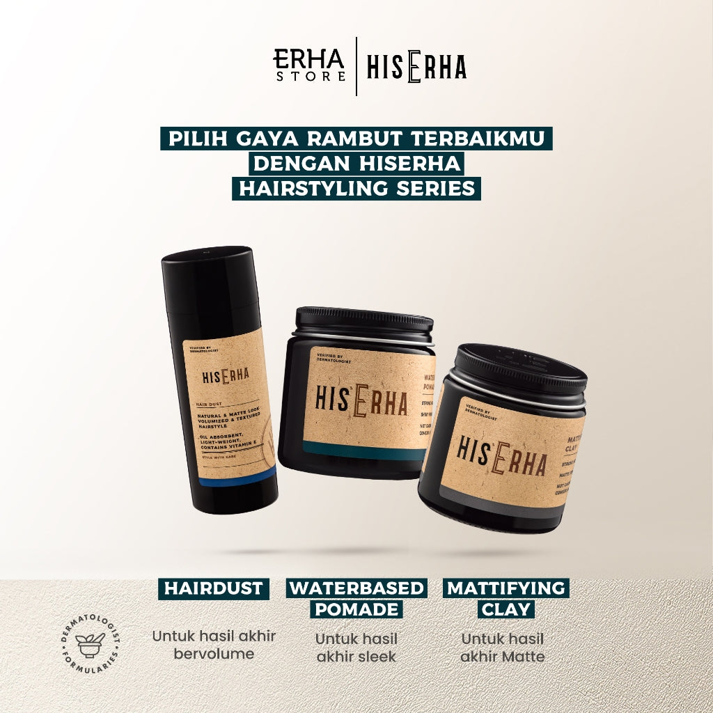HIS ERHA Waterbased Pomade 35g - Hair Styling Pria Untuk Hasil Sleek, Strong Hold, Mudah Dicuci, Aman & Tidak Menyebabkan Timbulnya Jerawat & Komedo, Wangi Segar Maskulin, Verified by Dermatologist, Glyserin, Vitamin E, Promois, Phytenso