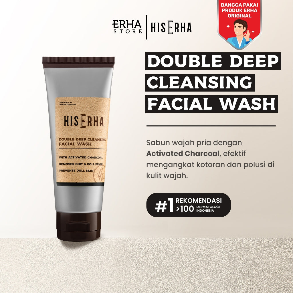 HIS ERHA Double Deep Cleansing Facial Wash 100gr - Sabun Cuci Muka Pria untuk Membersihkan Wajah Secara Mendalam, Angkat Kusam, Kotoran dan Polusi, Lembap, Tanpa Rasa Ketarik, Wangi Segar Maskulin, Verified by Dermatologist, Activated Charcoal, Kaolin