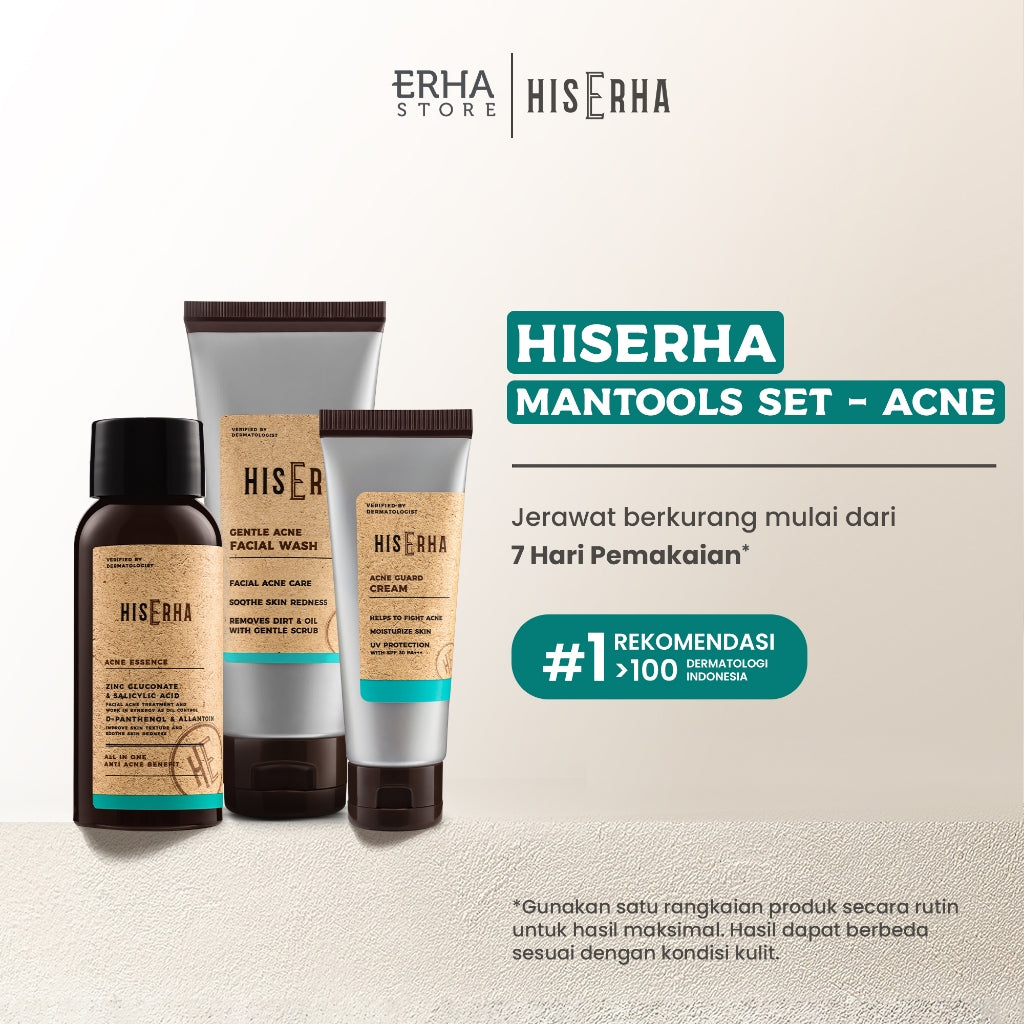 HIS ERHA Mantools Set - Rangkaian untuk Kulit BerjerawatHIS ERHA Paket Lengkap Facial Wash, Serum, Sunscreen Pelembap Brightening / Acne - Set untuk Mencerahkan Wajah Kusam, Lawan Jerawat / Minyak khusus Pria, Verified by Dermatologist, Niacinamide, Salic