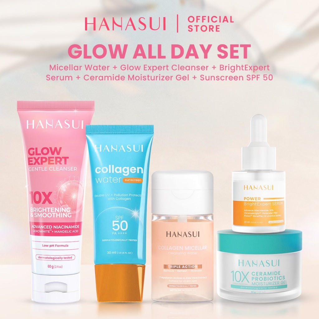 Hanasui Glow All Day Set - Micellar Cleansing Water Glow Acne Expert Gentle Cleanser Bright Expert Serum Sunscreen SPF 50 & 30 Moisturizer Gel Membersihkan Menyegarkan dan Menghidrasi Mencerahkan Kulit