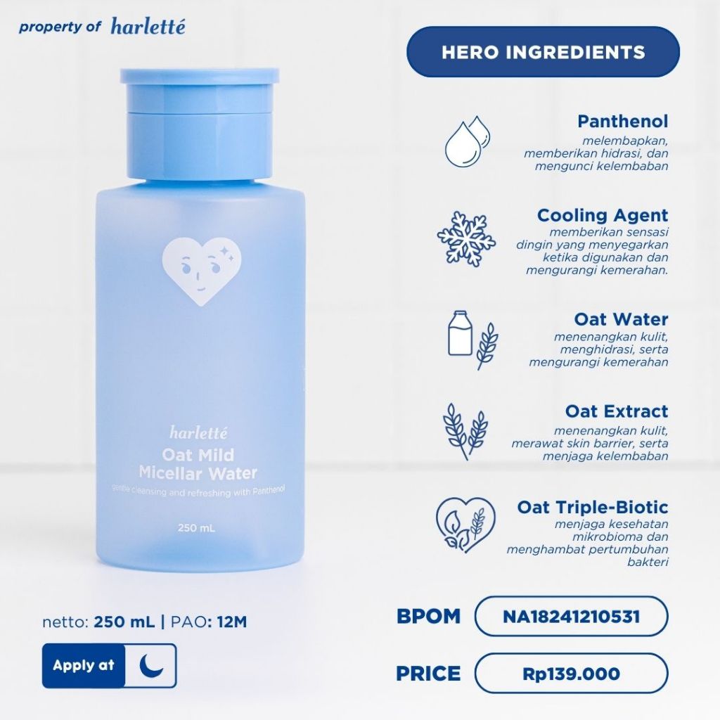 [BELI 2 LEBIH HEMAT] Harlette Oat Mild Micellar Water | Sensitive, Acne Prone, Skin Barrier, Berjerawat, Membersihkan & Mencerahkan
