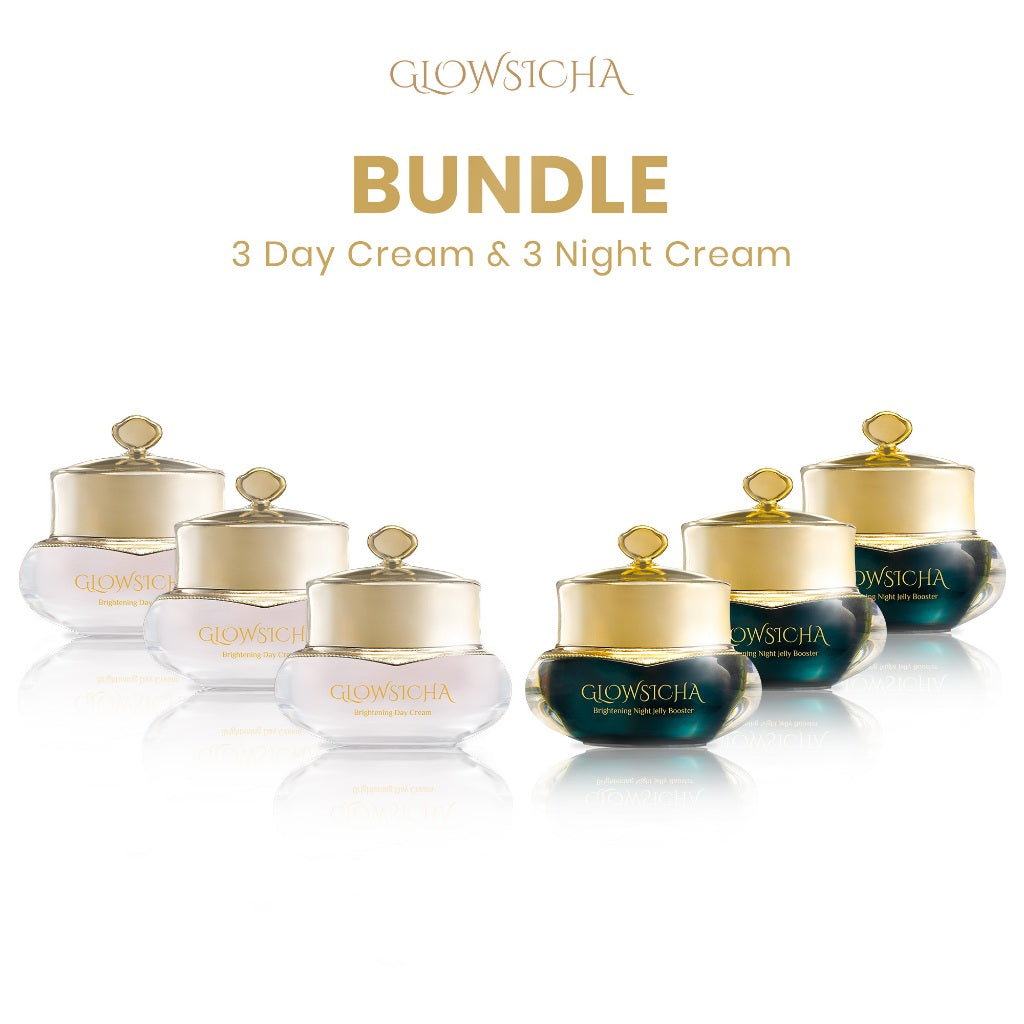 Glowsicha Bundle 6in1 (3pcs Day Cream + 3pcs Night Cream Jelly Booster) Krim Siang Malam Cerah Glowing Niacinamide UV Filter Gold Gel Cream Wajah Lembab Mencerahkan Skincare Harian Paket Lengkap Perawatan Wajah Krim Siang Malam Halus Lembut BPOM
