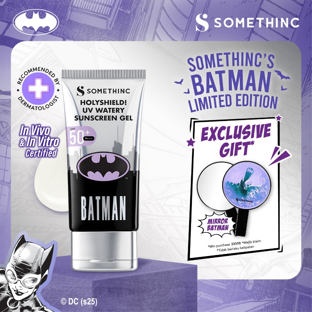 SOMETHINC Batman Series - Ceraplump Tinted Lip Balm, Low pH Gentle Jelly Cleanser, Tipsy Lashlift Mascara, Holyshield! Sunscreen Gel, Forever Stay Eyeliner, Clay Glowgasm Highlighter, Clay Sculptor Bronzer, Midnight Eyeshadow Palette)