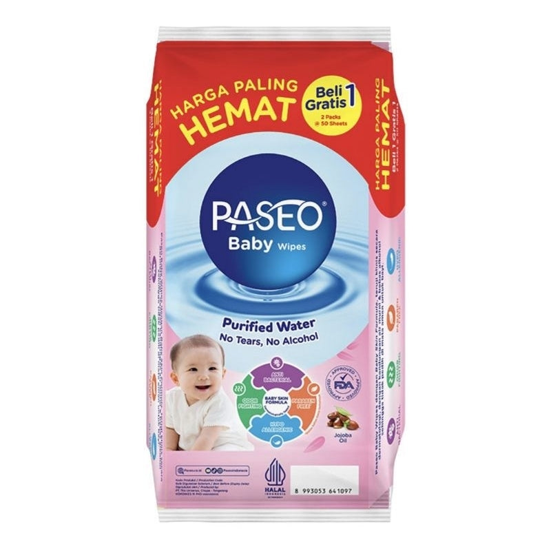 Paseo Tisu Basah Bayi Purified Water 50 s - Beli 1 Gratis 1