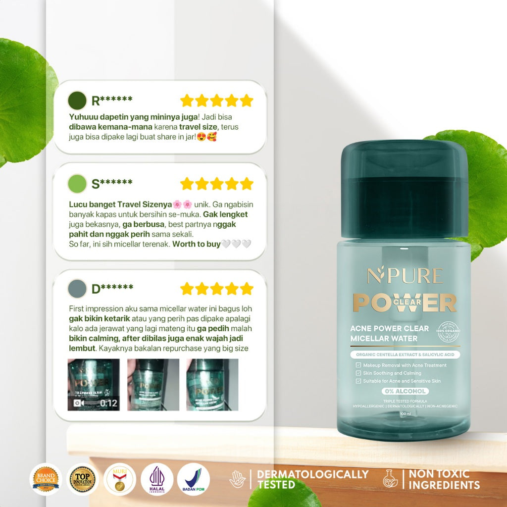 NPURE Acne Power Clear Micellar Water 100ml / Micellar No Alcohol / SLS Free 100ml / Travel Size
