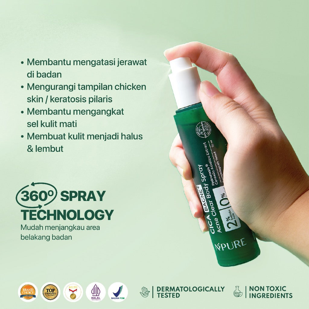 NPURE Bacne Spray /Jerawat Punggung & Badan / Chicken Skin / Keratosis Pilaris / Salicylic Acid 2% / Aman Kulit Sensitif