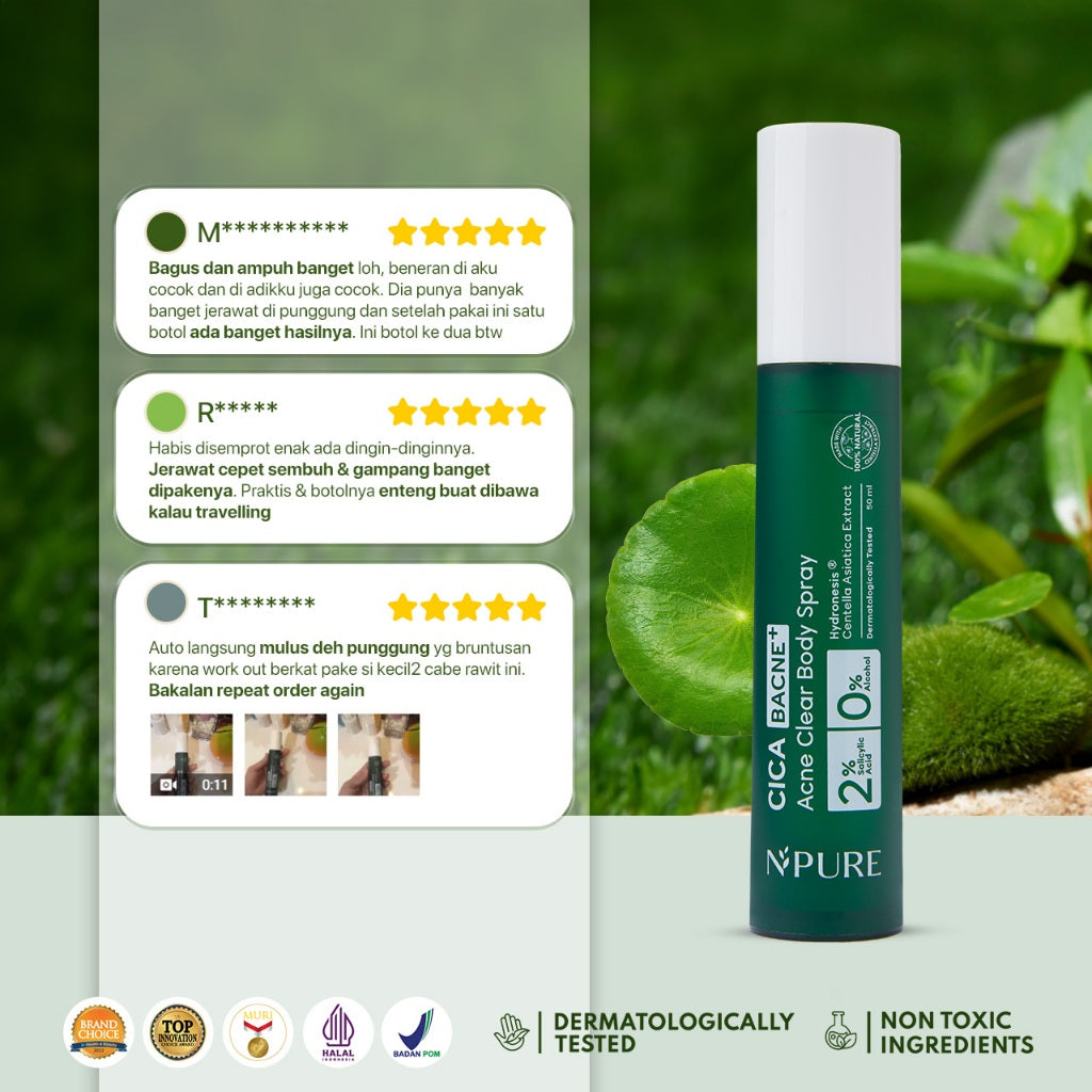 NPURE Bacne Spray /Jerawat Punggung & Badan / Chicken Skin / Keratosis Pilaris / Salicylic Acid 2% / Aman Kulit Sensitif