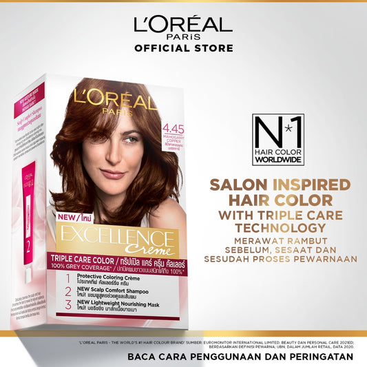 L'Oreal Paris Excellence Creme Triple Care Hair Color #4.45 Mahogany Copper Brown (Cat / Pewarna Rambut Permanen)