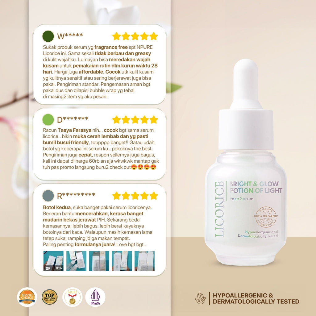 NPURE Licorice Bright & Glow Potion Of Light Face Serum 20ml / Potion of Light / Brightening Serum / Serum Brightening / Wajah Cerah Glowing Flek Hitam / Aman Bumil Busui