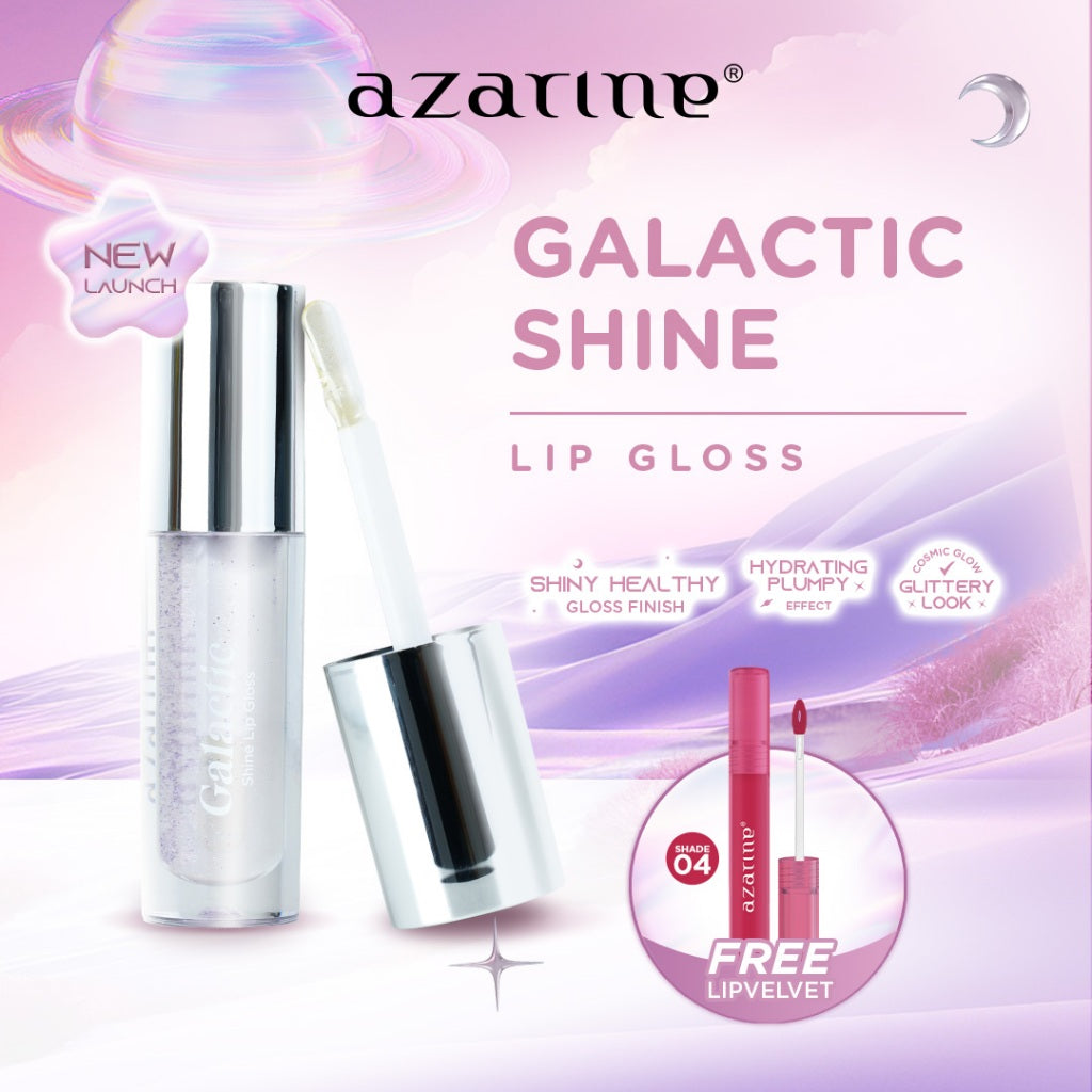Azarine Galactic Shine Lip Gloss Hydrating Plumpy Effect Glittery Look with Jojoba Seed Oil Melembabkan Menutrisi Bibir Kering