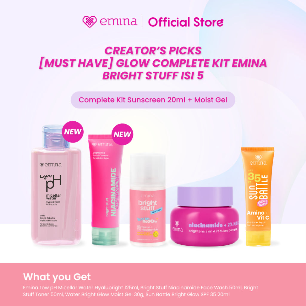 [Creator's PIck] [MUST HAVE] GLOW COMPLETE KIT EMINA BRIGHT STUFF ISI 5 (Micellar Water, Face Wash, Toner, Serum, Moisturizing Cream) Paket Lengkap Cerah Lembap Glowing