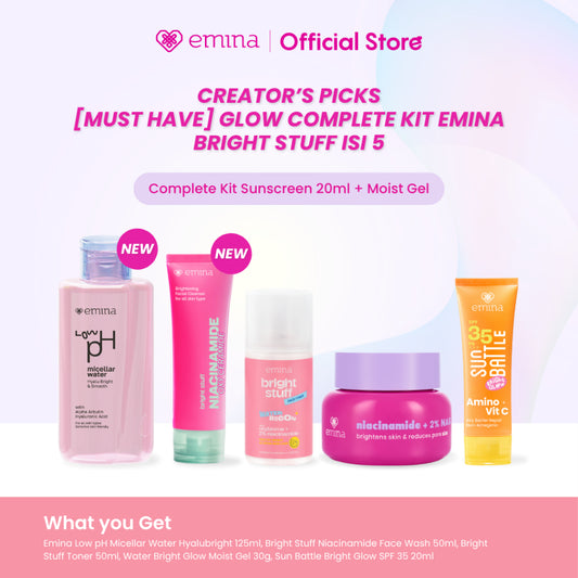 [Creator's PIck] [MUST HAVE] GLOW COMPLETE KIT EMINA BRIGHT STUFF ISI 5 (Micellar Water, Face Wash, Toner, Serum, Moisturizing Cream) Paket Lengkap Cerah Lembap Glowing