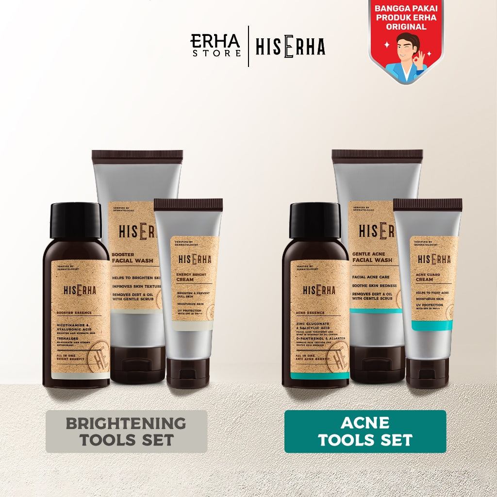 HIS ERHA Mantools Set - Rangkaian untuk Kulit BerjerawatHIS ERHA Paket Lengkap Facial Wash, Serum, Sunscreen Pelembap Brightening / Acne - Set untuk Mencerahkan Wajah Kusam, Lawan Jerawat / Minyak khusus Pria, Verified by Dermatologist, Niacinamide, Salic