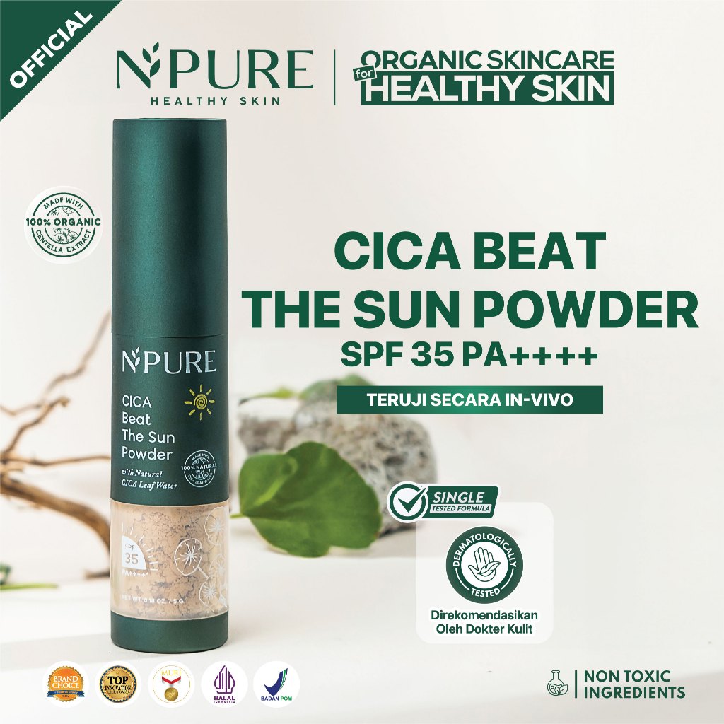 SUNSCREEN POWDER - NPURE Sunscreen Powder Cica SPF 35 PA++++ / Beat the Sun Powder / Sunscreen Bedak & Brush / Bedak Bebas Kilap Minyak