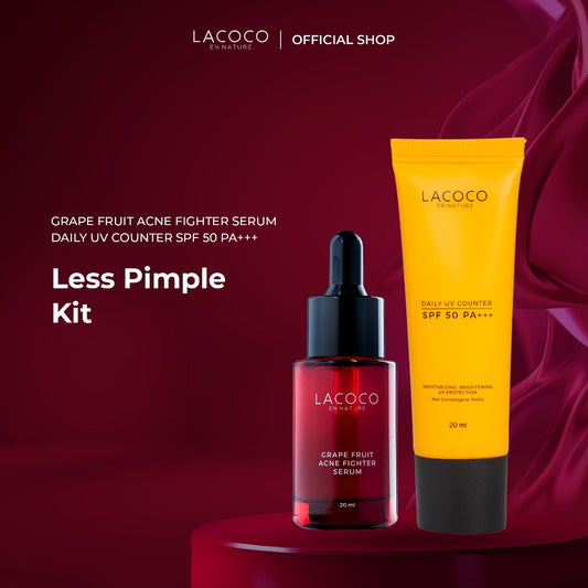 Lacoco Official Shop - Less Pimple Kit (Grape Fruit Acne Fighter Serum  NORMAL + Daily UV Counter SPF 50 PA++) - Set untuk Merawat Kulit Berjerawat/Acne