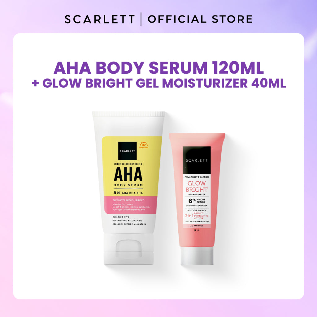 Scarlett AHA Combo Care - Bundle AHA Body Serum (Shower Gel, Ultra Light Daily Sunscreen, Aqua Gel Moisturizer) Untuk Kulit cerah, lembut, dan terlindungi setiap hari