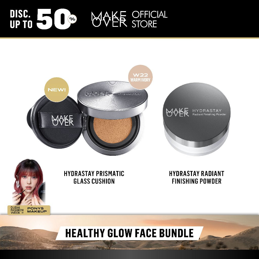 MAKE OVER Healthy Glow Face Bundle: Hydrastay Prismatic Glass Cushion + Hydrastay Radiant Finishing Powder - Paket Complexion Glow Face Makeup Flawless Tahan Lama Matte Powder Foundation Concealer Make Up Wajah