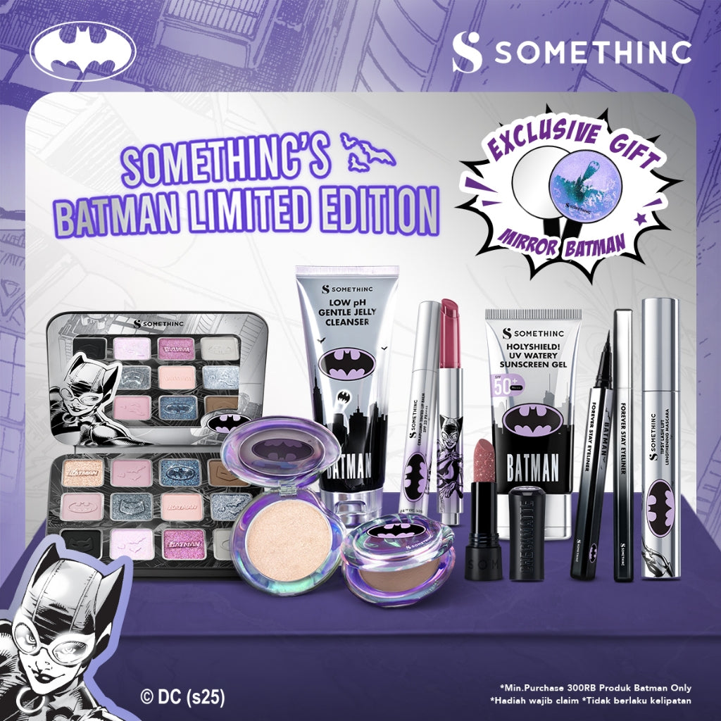 SOMETHINC Batman Series - Ceraplump Tinted Lip Balm, Low pH Gentle Jelly Cleanser, Tipsy Lashlift Mascara, Holyshield! Sunscreen Gel, Forever Stay Eyeliner, Clay Glowgasm Highlighter, Clay Sculptor Bronzer, Midnight Eyeshadow Palette)