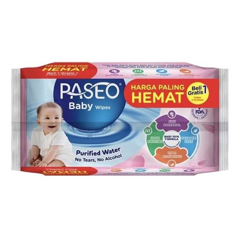 Paseo Tisu Basah Bayi Purified Water 50 s - Beli 1 Gratis 1
