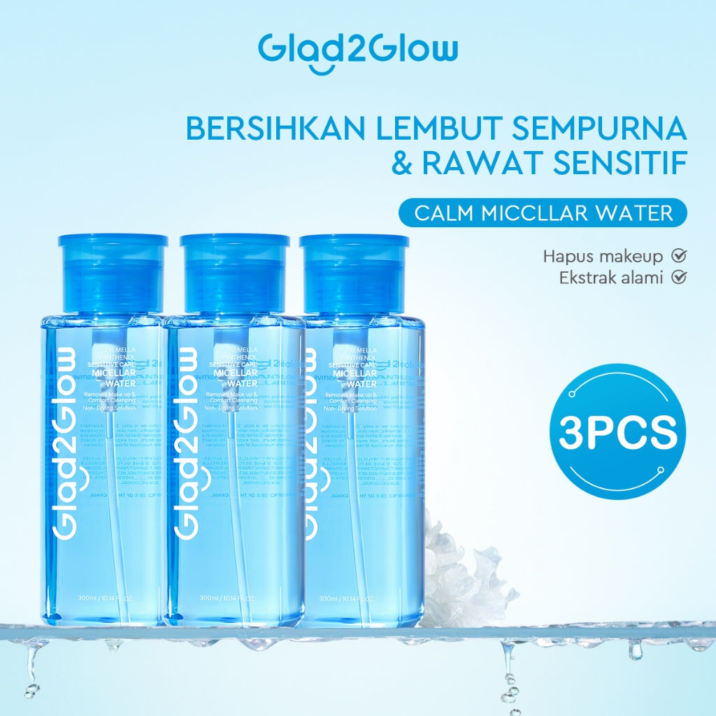 GLAD2GLOW Tremella Panthenol Sensitive Care Micellar Water-300ml Pembersih Wajah Make Up Remover Cleansing Water Membersihkan makeup waterproof dan kotoran Menenangkan dan menghidrasi kulit Tidak terasa lengket setelah membersihkan g2glow official store