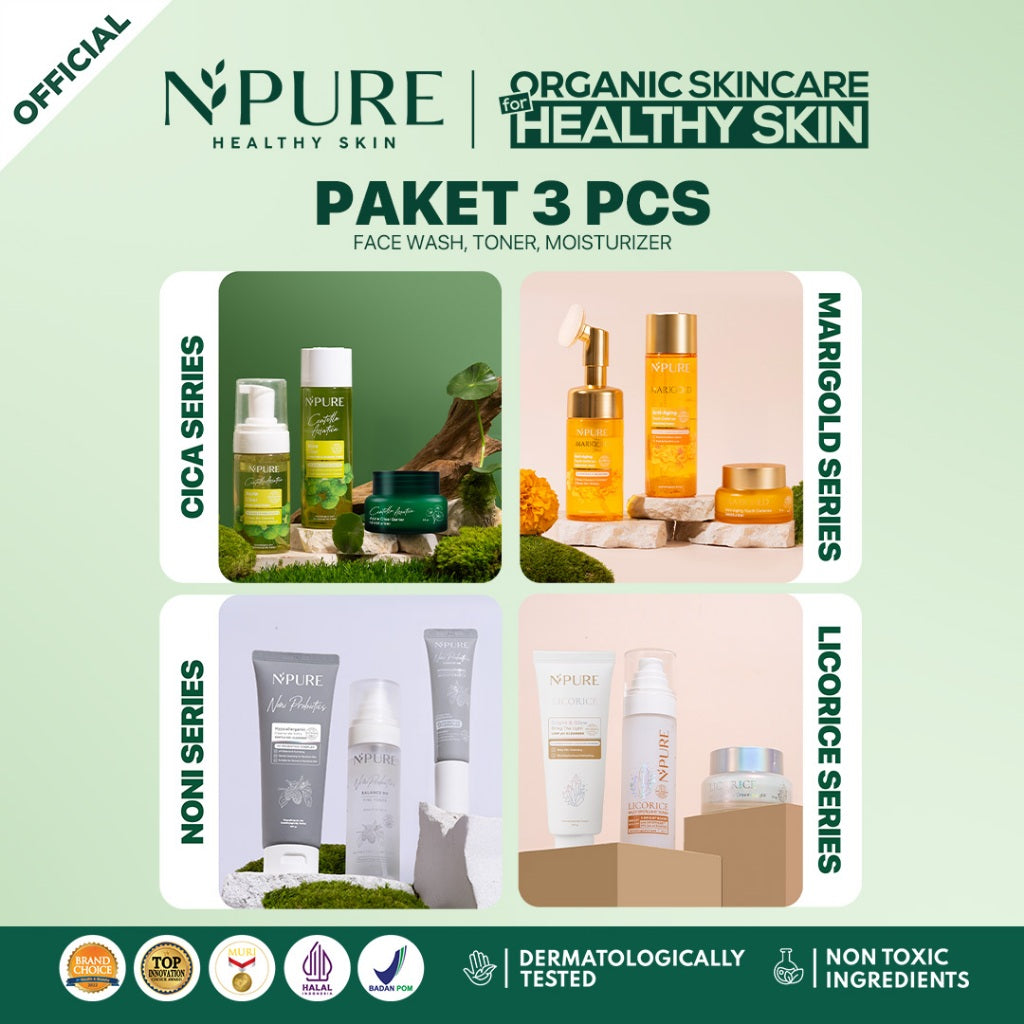 NPURE - 3 PCS -  Paket Face Wash + Toner + Moisturizer - Cica Acne - Marigold Anti Aging - Noni Sensitive - Licorice Brightening and Glowing Mencerahkan Wajah Beruntusan