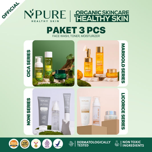NPURE - 3 PCS -  Paket Face Wash + Toner + Moisturizer - Cica Acne - Marigold Anti Aging - Noni Sensitive - Licorice Brightening and Glowing Mencerahkan Wajah Beruntusan
