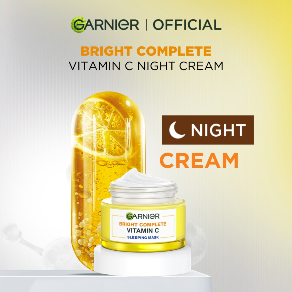 GARNIER Bright Complete Vitamin C Brightening Sleeping Mask Night Cream Krim Malam Mencerahkan 50 ml Moisturizer Tone Up Glowing Skincare - pelembab wajah pemutih wajah