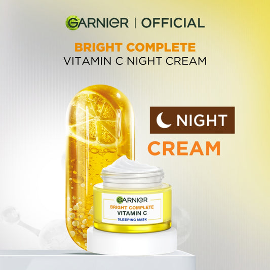 GARNIER Bright Complete Vitamin C Brightening Sleeping Mask Night Cream Krim Malam Mencerahkan 50 ml Moisturizer Tone Up Glowing Skincare - pelembab wajah pemutih wajah