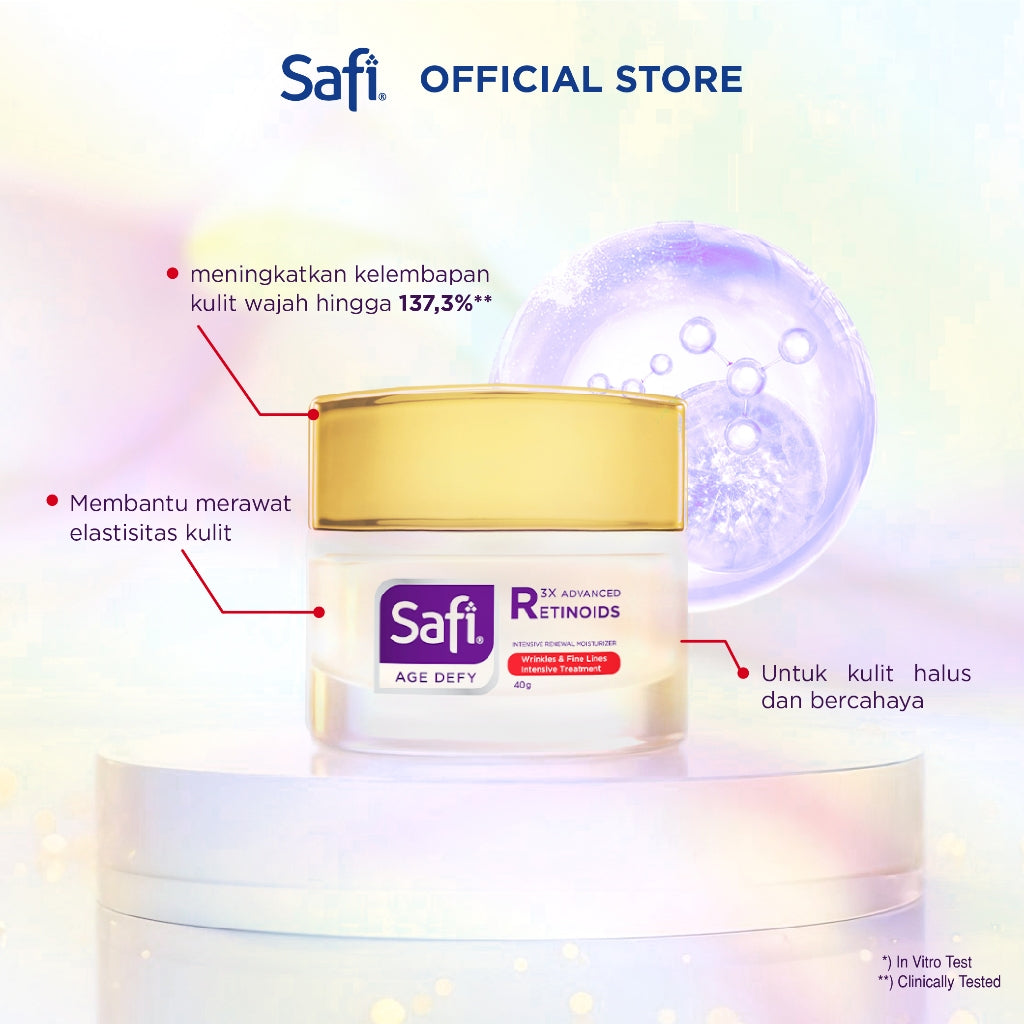 Safi Age Defy 3X Advanced Retinoid Series (Cleanser 100gr, Ampoule 20ml, Moisturizer 40gr) - Sabun Cuci Muka Non SLS, Serum Wajah Glowing, Krim Wajah Anti Aging | Better Than Retinol