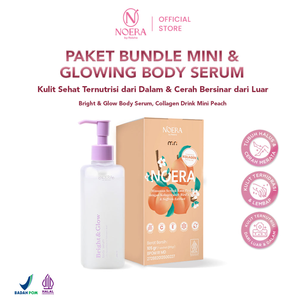 Noera Paket Collagen Drink Mini Improved Formula + Glowing Body Serum | Minuman Kolagen Mini | Body Serum Pencerah Badan | Minuman Collagen With L-Glutathione | Body Serum Glowing