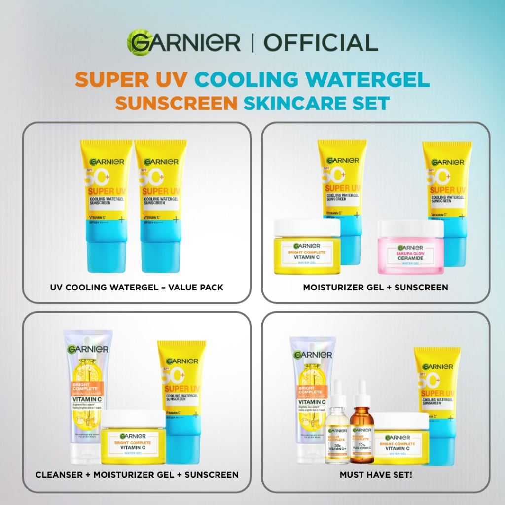 GARNIER Paket Skincare Set 2pc 3pc 5pc | Paket Hemat Super UV Cooling Watergel Sunscreen, Serum Wash Cleanser Moisturizer Gel Super UV Sunscreen SPF