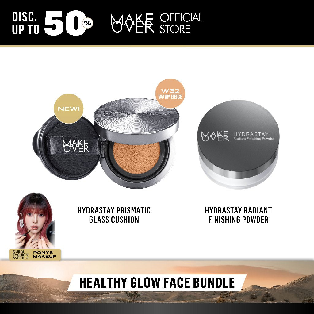 MAKE OVER Healthy Glow Face Bundle: Hydrastay Prismatic Glass Cushion + Hydrastay Radiant Finishing Powder - Paket Complexion Glow Face Makeup Flawless Tahan Lama Matte Powder Foundation Concealer Make Up Wajah