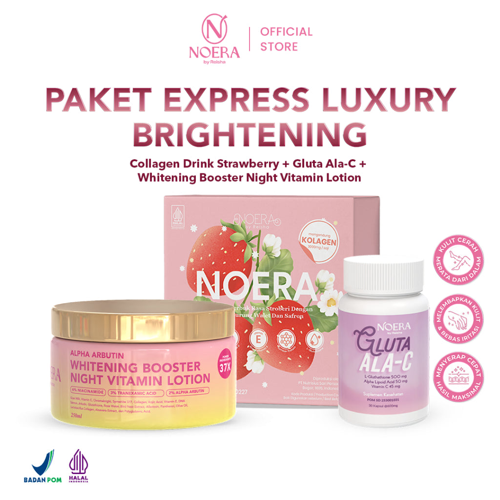 Noera Paket Express Luxury Brightening | Gluta ALA-C, Collagen Drink Improved Formula, & Whitening Booster Night Vitamin Lotion