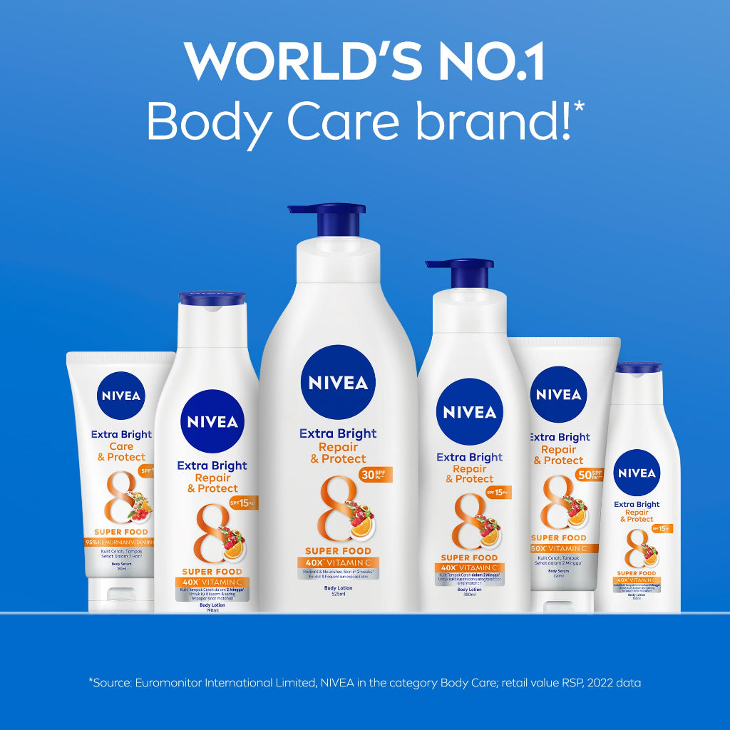 NIVEA Body Lotion Extra Bright Repair & Protect SPF15 380ml - Hand body lotion moisturizer mencerahkan kulit kusam rusak badan glowing brightening tone up melembabkan kering SPF UV matahari sunscreen - 40x Vitamin C, Grapeseed oil, 8 Super food
