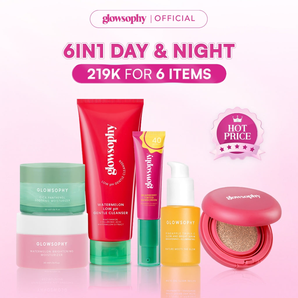 Glowsophy Bundle 6in1 Day & Night Series Cushion + Sunscreen + Gentle Cleanser + Moisturizer + Pineapple Serum