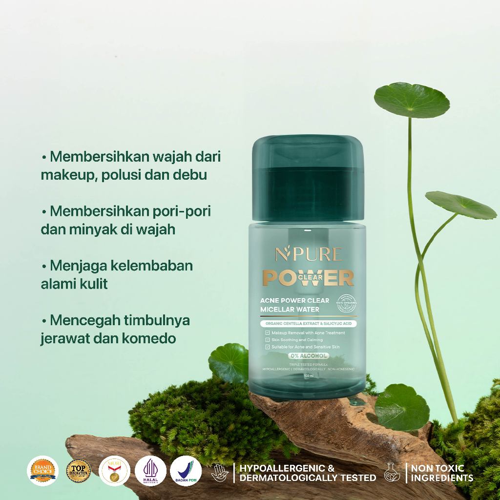 NPURE Acne Power Clear Micellar Water 100ml / Micellar No Alcohol / SLS Free 100ml / Travel Size
