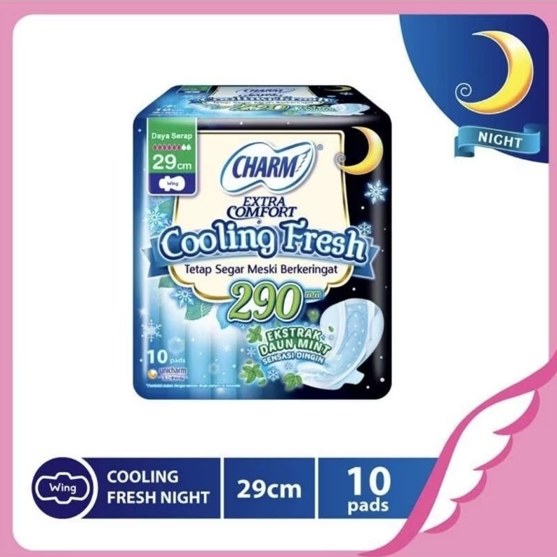 Charm Cooling Fresh Pembalut Wanita Wing Malam Ekstrak Daun Mint 29 cm 10 pcs