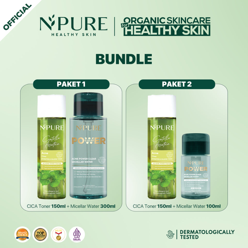 SOOTHING SKIN SET -  - NPURE Cica Acne Toner 150Ml + NPURE Power Clear Micellar Water 300Ml & 100Ml / Set Skincare / Acne Toner / Micellar Water / Hydrating Toner
